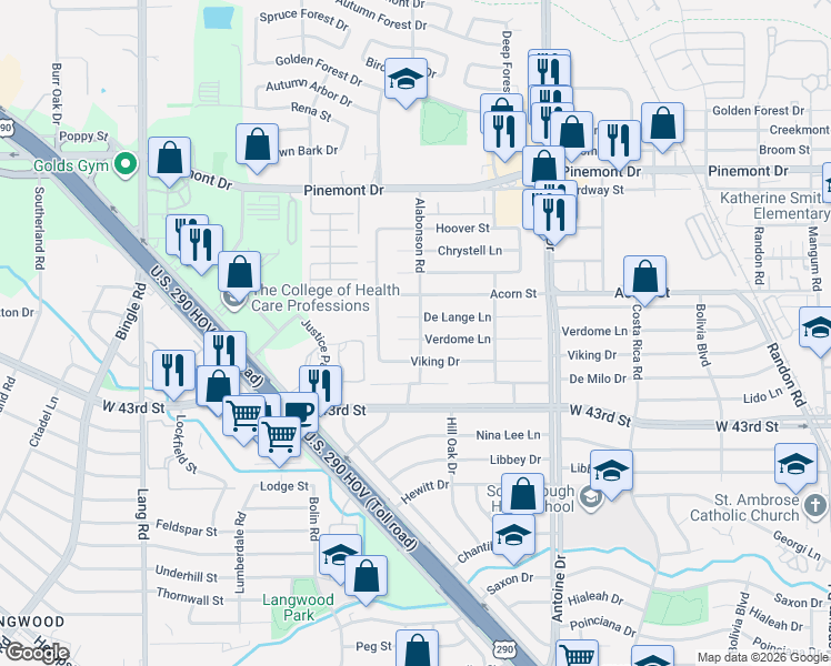 map of restaurants, bars, coffee shops, grocery stores, and more near 5915 Verdome Lane in Houston