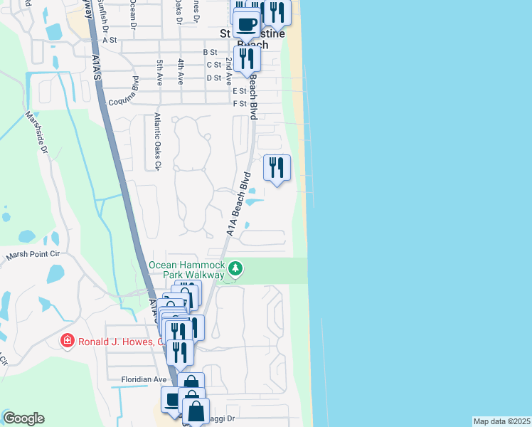 map of restaurants, bars, coffee shops, grocery stores, and more near 880 A1A Beach Boulevard in St. Augustine Beach