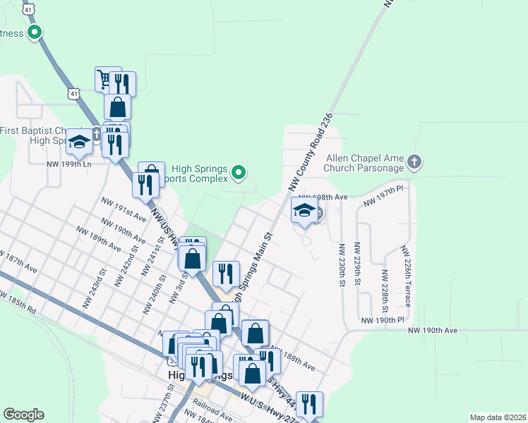 map of restaurants, bars, coffee shops, grocery stores, and more near 30 Northwest 10th Avenue in High Springs