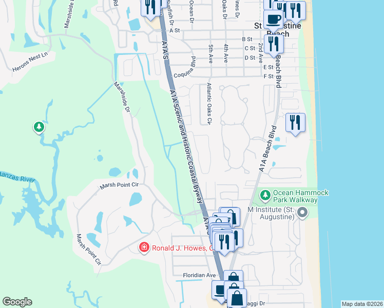 map of restaurants, bars, coffee shops, grocery stores, and more near 22 Magnolia Dunes Circle in St. Augustine