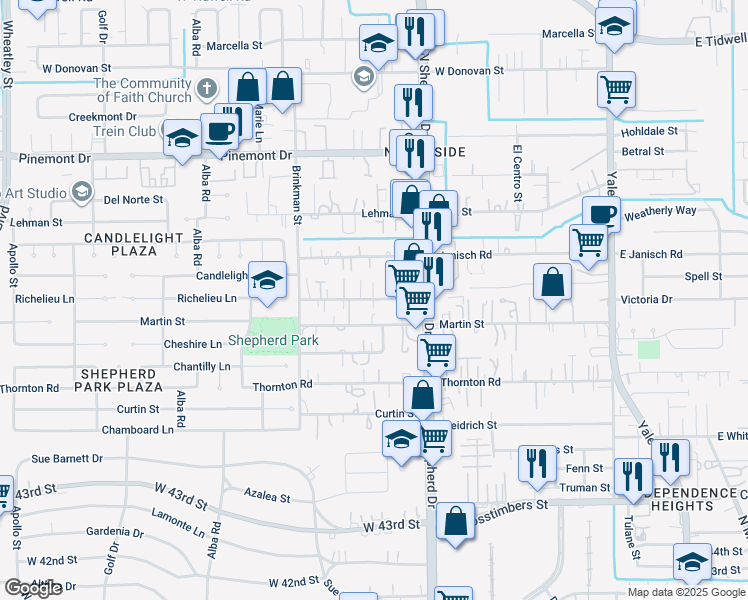map of restaurants, bars, coffee shops, grocery stores, and more near 810 Martin Street in Houston