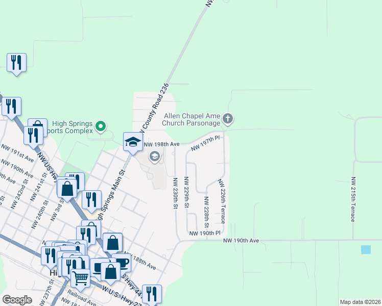 map of restaurants, bars, coffee shops, grocery stores, and more near 22886 Northwest 196th Road in High Springs