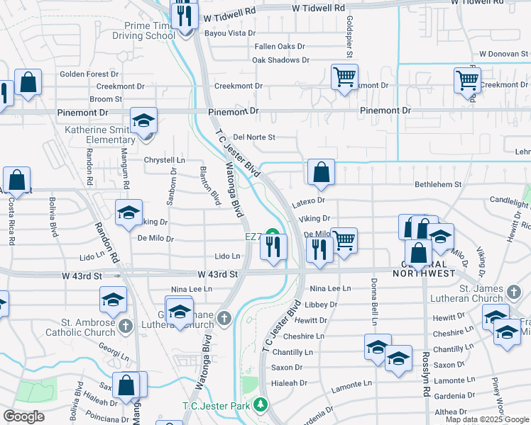 map of restaurants, bars, coffee shops, grocery stores, and more near 4100 Watonga Boulevard in Houston