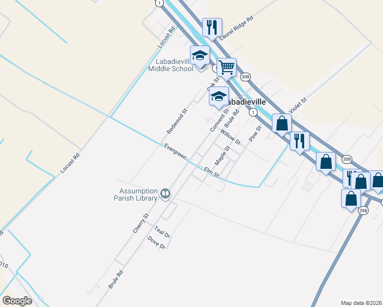 map of restaurants, bars, coffee shops, grocery stores, and more near 306 Brule Road in Labadieville