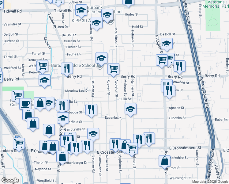 map of restaurants, bars, coffee shops, grocery stores, and more near 8105 Appleton Street in Houston
