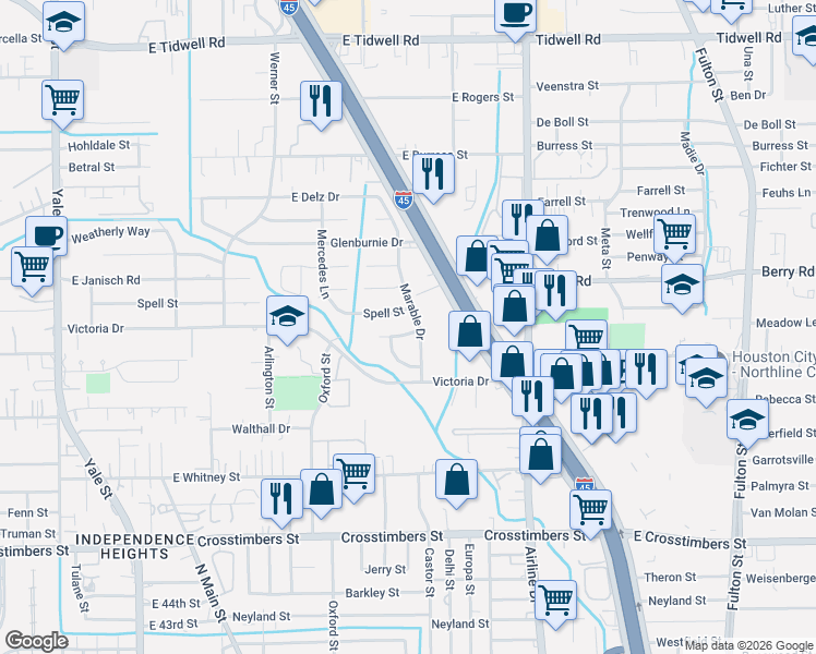 map of restaurants, bars, coffee shops, grocery stores, and more near 607 Nest Lane in Houston