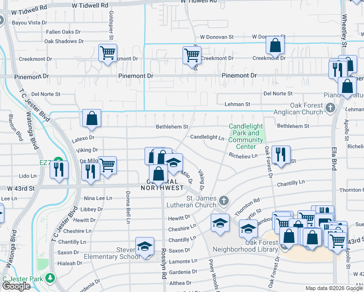 map of restaurants, bars, coffee shops, grocery stores, and more near 1751 Viking Drive in Houston