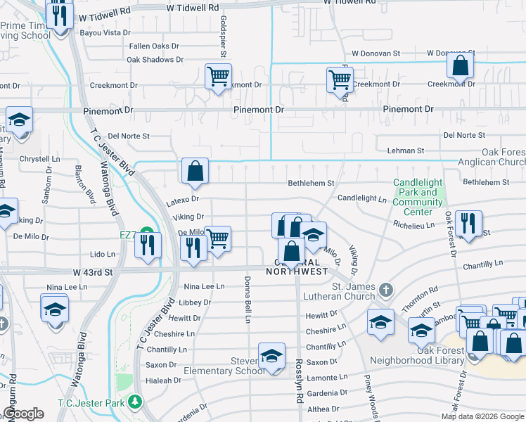 map of restaurants, bars, coffee shops, grocery stores, and more near 1906 De Milo Drive in Houston