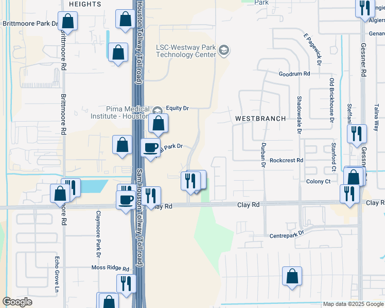 map of restaurants, bars, coffee shops, grocery stores, and more near 4650 Westway Park Boulevard in Houston