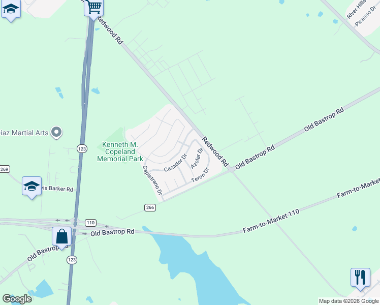 map of restaurants, bars, coffee shops, grocery stores, and more near 108 Azolar Street in San Marcos