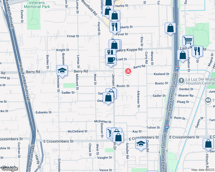 map of restaurants, bars, coffee shops, grocery stores, and more near 8417 Jensen Drive in Houston