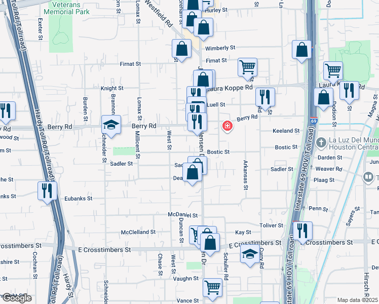 map of restaurants, bars, coffee shops, grocery stores, and more near 2618 Keeland Street in Houston