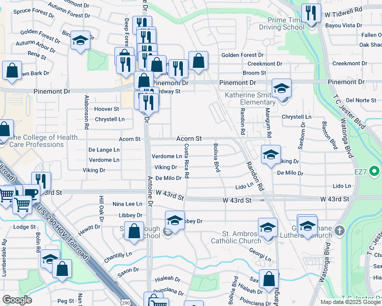 map of restaurants, bars, coffee shops, grocery stores, and more near 5210 De Lange Lane in Houston