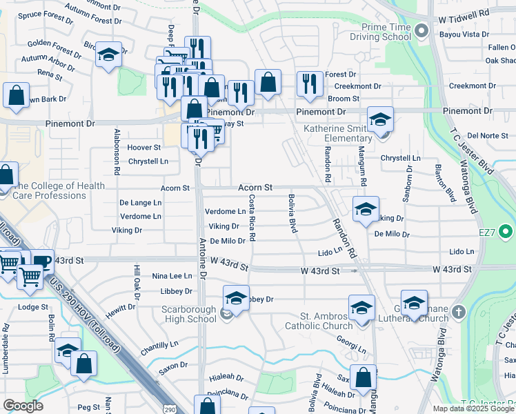 map of restaurants, bars, coffee shops, grocery stores, and more near 5210 De Lange Lane in Houston