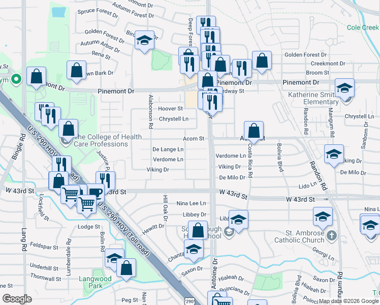 map of restaurants, bars, coffee shops, grocery stores, and more near 5619 Acorn Street in Houston