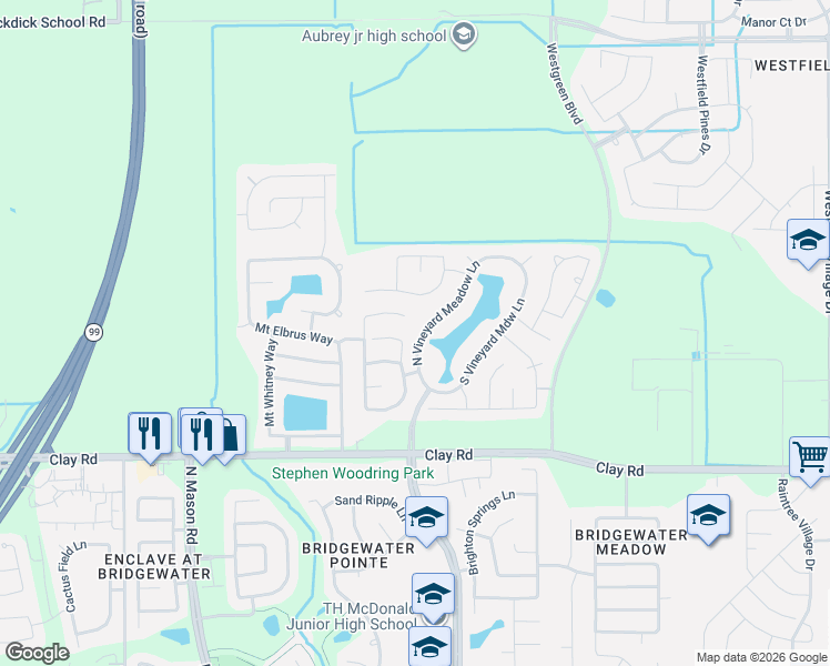 map of restaurants, bars, coffee shops, grocery stores, and more near 4323 North Vineyard Meadow Lane in Katy