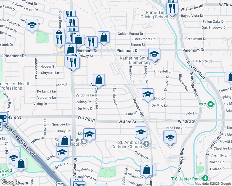 map of restaurants, bars, coffee shops, grocery stores, and more near 5102 De Lange Lane in Houston