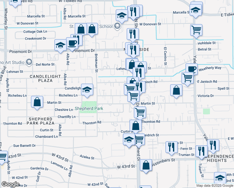 map of restaurants, bars, coffee shops, grocery stores, and more near 828 Oak Street in Houston
