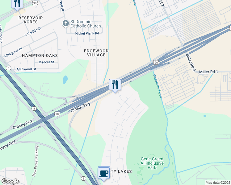 map of restaurants, bars, coffee shops, grocery stores, and more near 14650 Crosby Freeway in Houston