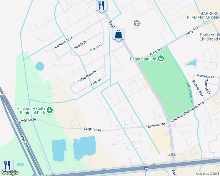 map of restaurants, bars, coffee shops, grocery stores, and more near 9710 Crestwood in Baytown
