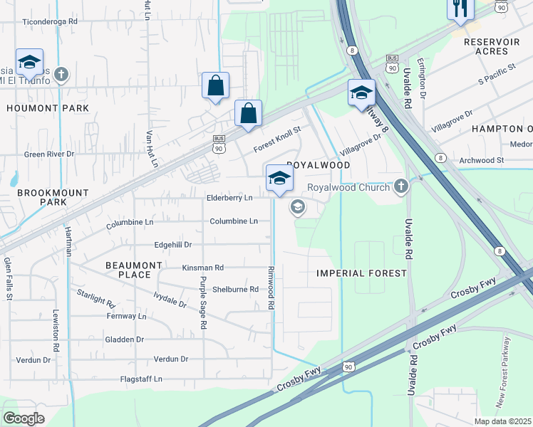 map of restaurants, bars, coffee shops, grocery stores, and more near 13334 Elderberry Lane in Houston