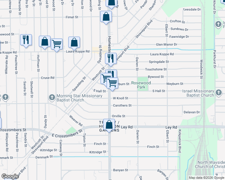 map of restaurants, bars, coffee shops, grocery stores, and more near 7106 Weyburn Street in Houston