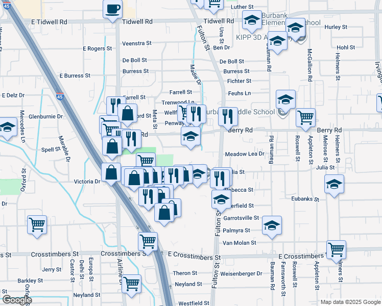 map of restaurants, bars, coffee shops, grocery stores, and more near in Houston