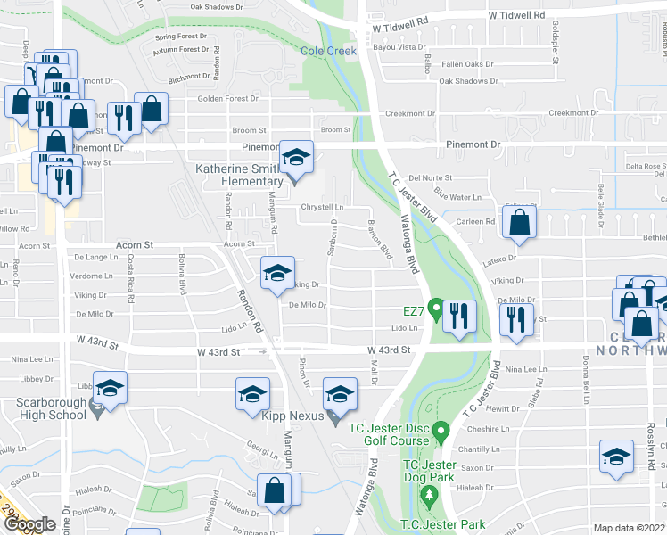 map of restaurants, bars, coffee shops, grocery stores, and more near 4616 Verdome Lane in Houston