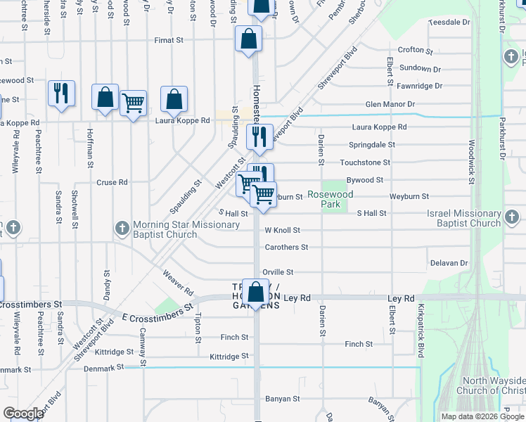 map of restaurants, bars, coffee shops, grocery stores, and more near 7106 Weyburn Street in Houston