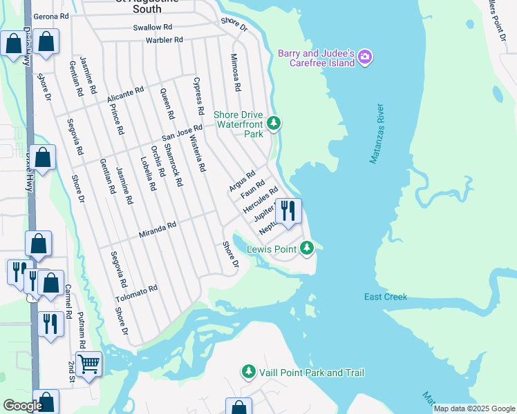 map of restaurants, bars, coffee shops, grocery stores, and more near 116 Hercules Road in St. Augustine