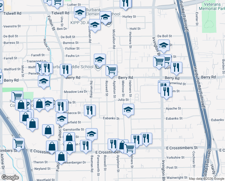 map of restaurants, bars, coffee shops, grocery stores, and more near 8307 Appleton Street in Houston