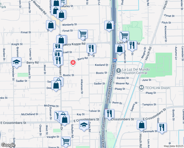 map of restaurants, bars, coffee shops, grocery stores, and more near 3215 Bostic Street in Houston