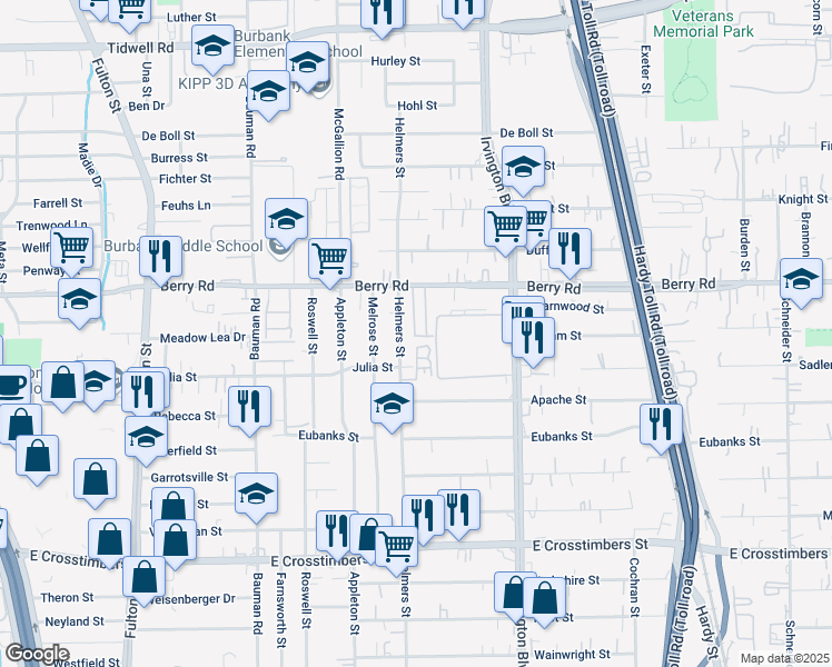 map of restaurants, bars, coffee shops, grocery stores, and more near 8406 Helmers Street in Houston