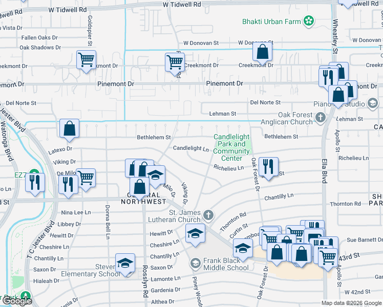 map of restaurants, bars, coffee shops, grocery stores, and more near 1630 Candlelight Lane in Houston