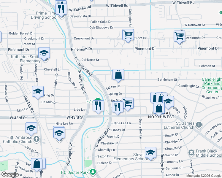 map of restaurants, bars, coffee shops, grocery stores, and more near 2226 Latexo Drive in Houston