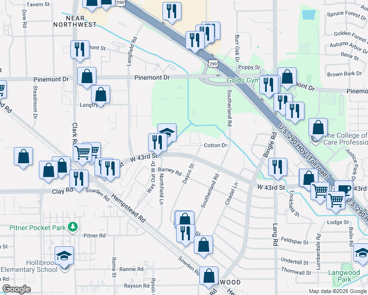map of restaurants, bars, coffee shops, grocery stores, and more near 7038 Cotton Drive in Houston