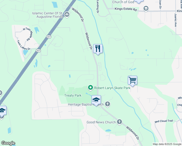 map of restaurants, bars, coffee shops, grocery stores, and more near 1700 Wildwood Drive in St. Augustine