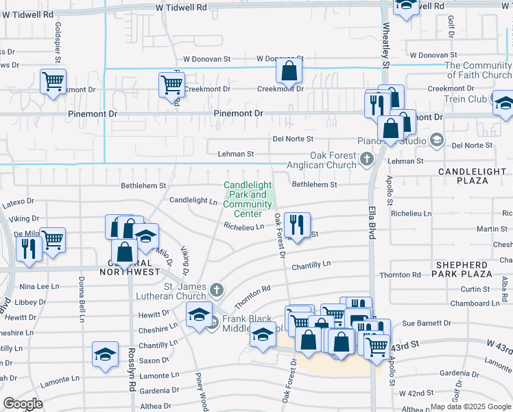 map of restaurants, bars, coffee shops, grocery stores, and more near 1520 Candlelight Lane in Houston