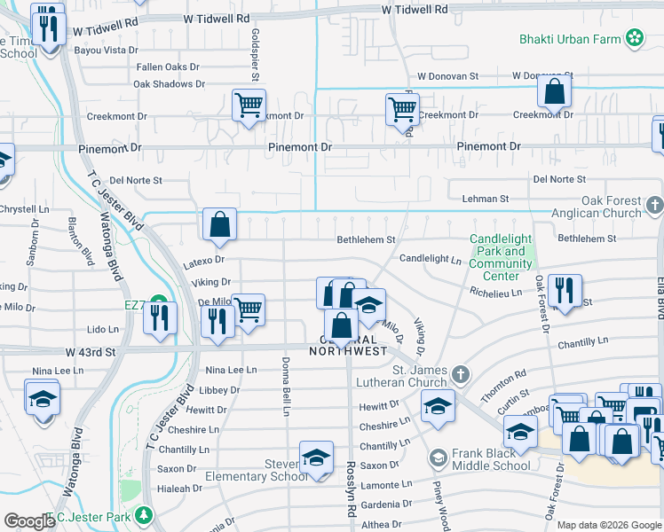 map of restaurants, bars, coffee shops, grocery stores, and more near 1838 Latexo Drive in Houston