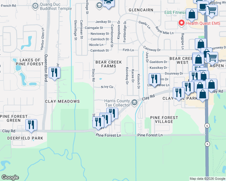 map of restaurants, bars, coffee shops, grocery stores, and more near 17026 North Ivy Circle in Houston