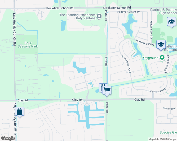 map of restaurants, bars, coffee shops, grocery stores, and more near 4403 Sandhill Terrace Lane in Katy