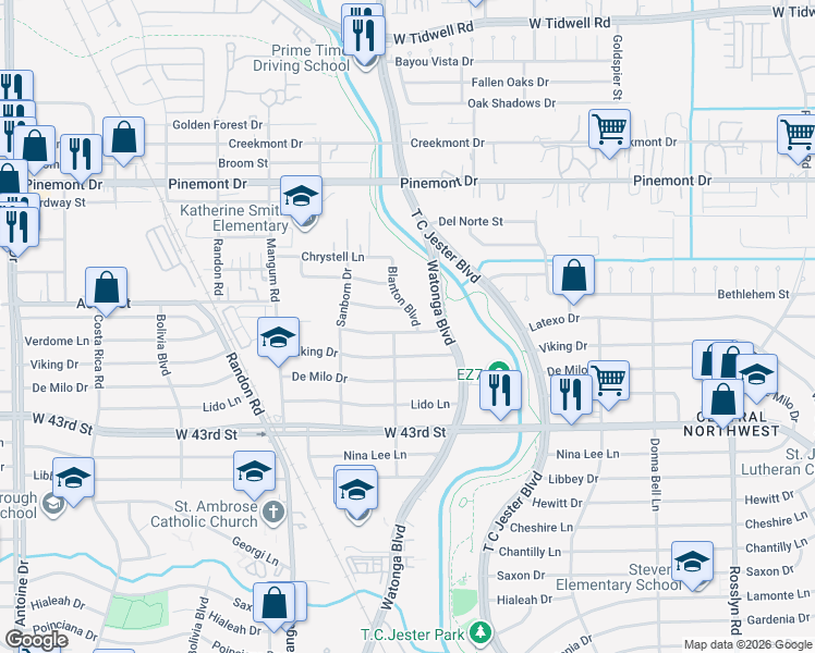 map of restaurants, bars, coffee shops, grocery stores, and more near 4406 Verdome Lane in Houston