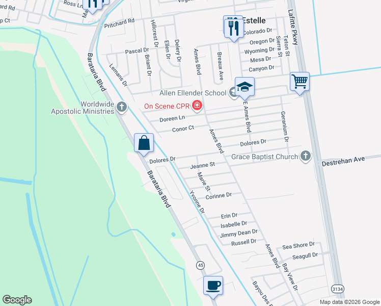 map of restaurants, bars, coffee shops, grocery stores, and more near 2816 Dolores Drive in Marrero
