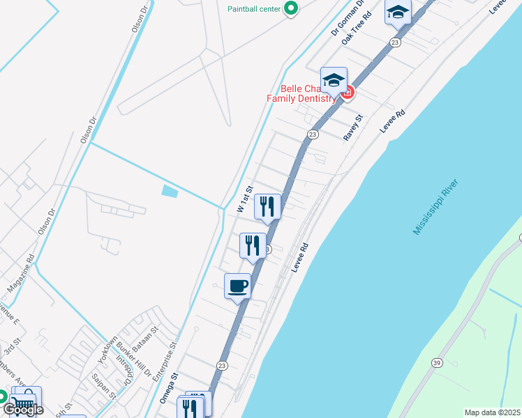 map of restaurants, bars, coffee shops, grocery stores, and more near 113 Overseas Avenue in Belle Chasse