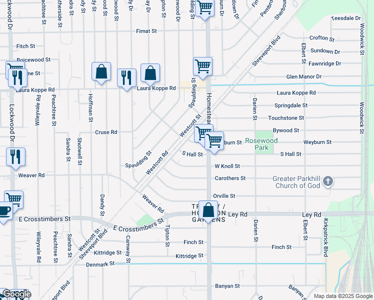 map of restaurants, bars, coffee shops, grocery stores, and more near 6906 Weyburn Street in Houston