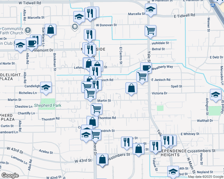 map of restaurants, bars, coffee shops, grocery stores, and more near 435 Janisch Road in Houston