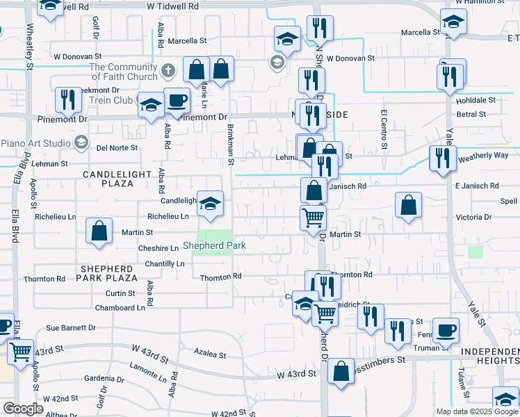 map of restaurants, bars, coffee shops, grocery stores, and more near 807 Janisch Road in Houston