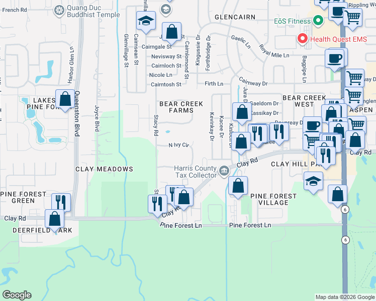 map of restaurants, bars, coffee shops, grocery stores, and more near 17026 North Ivy Circle in Houston