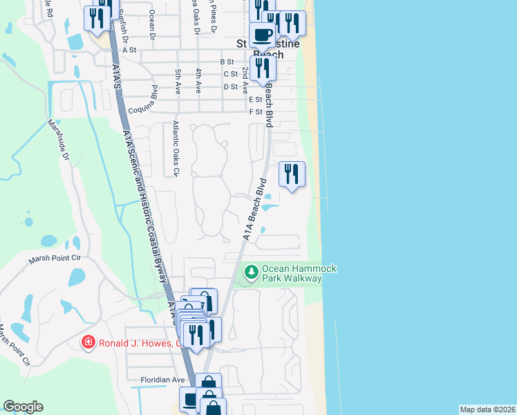 map of restaurants, bars, coffee shops, grocery stores, and more near 1053 Makarios Drive in St. Augustine