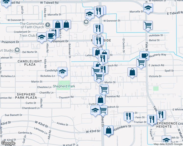 map of restaurants, bars, coffee shops, grocery stores, and more near 810 Oak Street in Houston